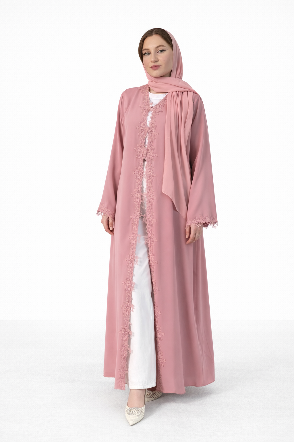 Lace Trim Open Abaya and Matching Shayla — Soft Pink