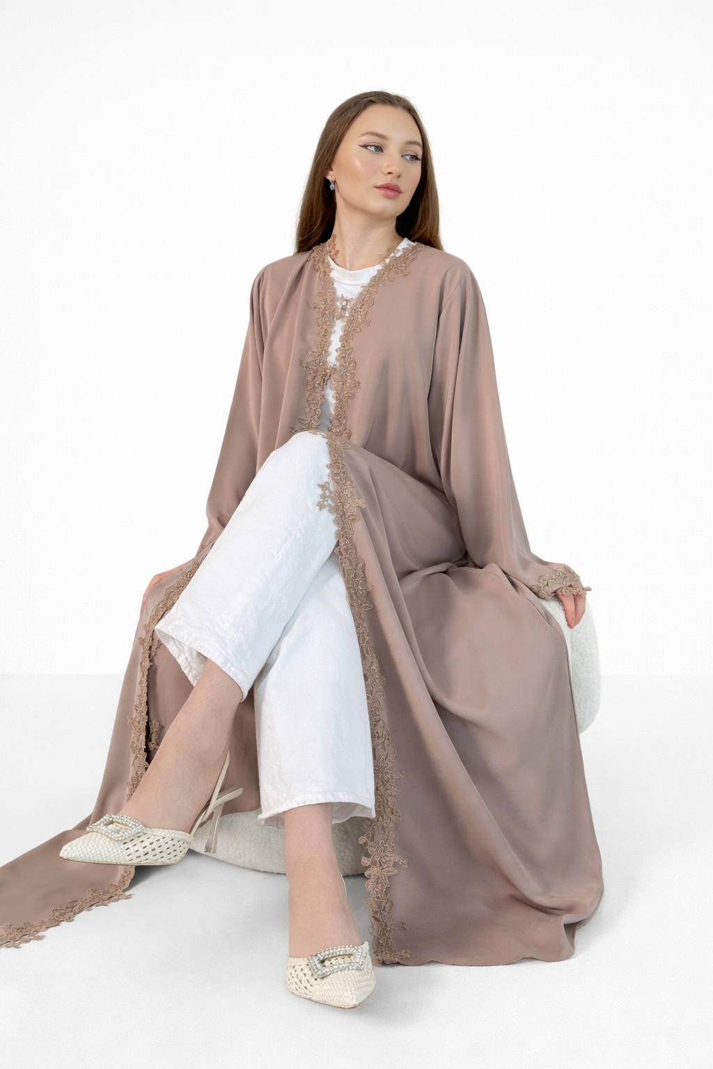 Lace Trim Open Abaya and Matching Shayla — Taupe