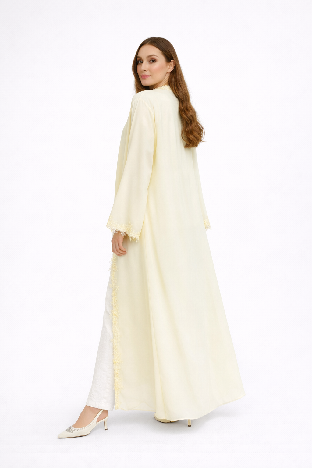 Lace Trim Open Abaya and Matching Shayla — Butter Yellow