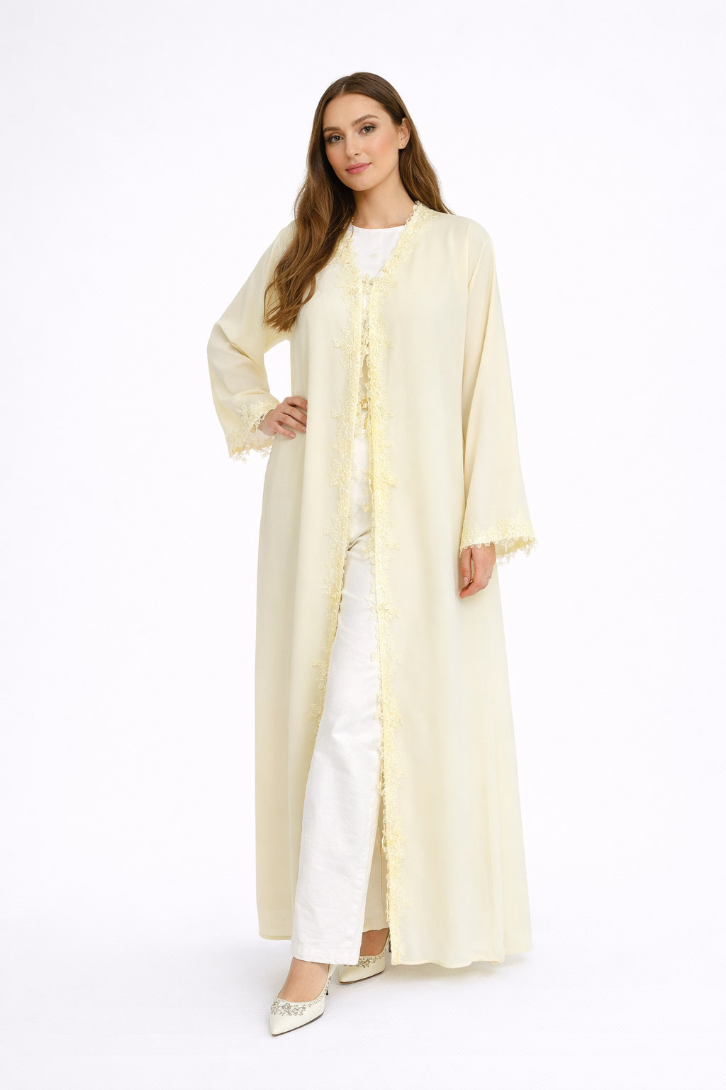 Lace Trim Open Abaya and Matching Shayla — Butter Yellow