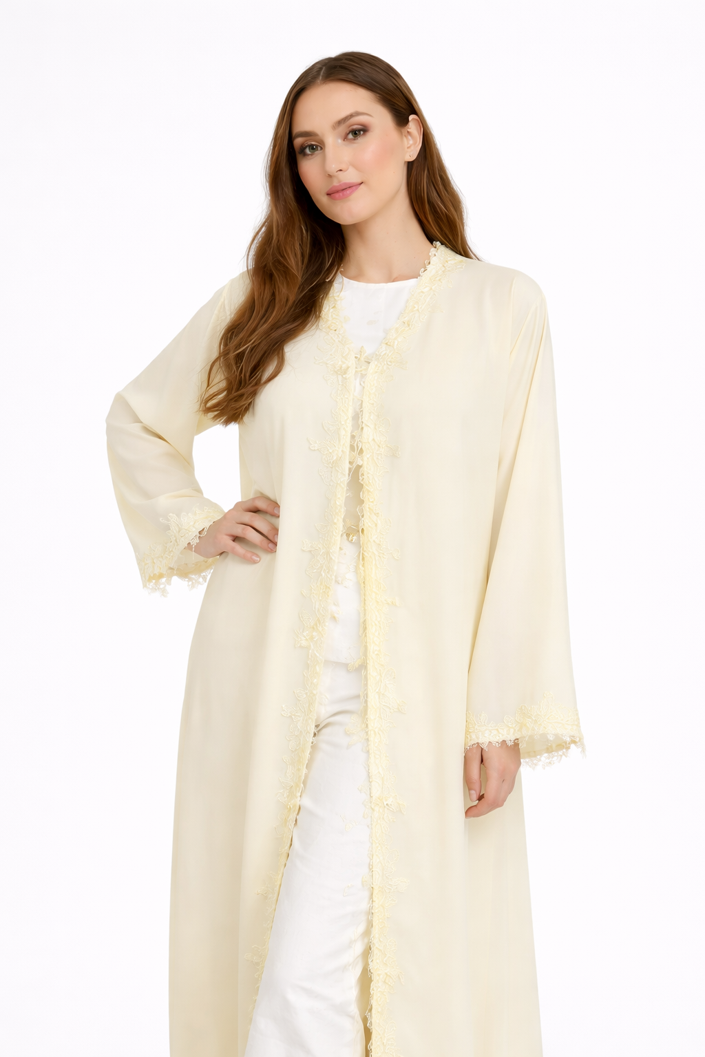 Lace Trim Open Abaya and Matching Shayla — Butter Yellow