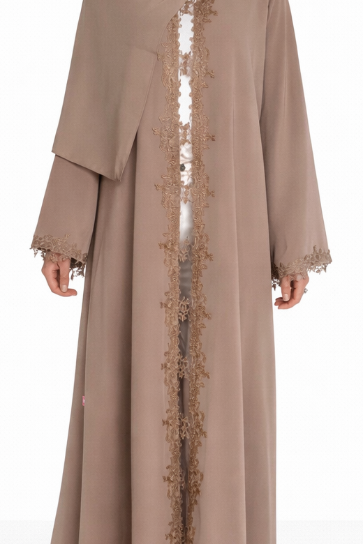 Lace Trim Open Abaya and Matching Shayla — Taupe