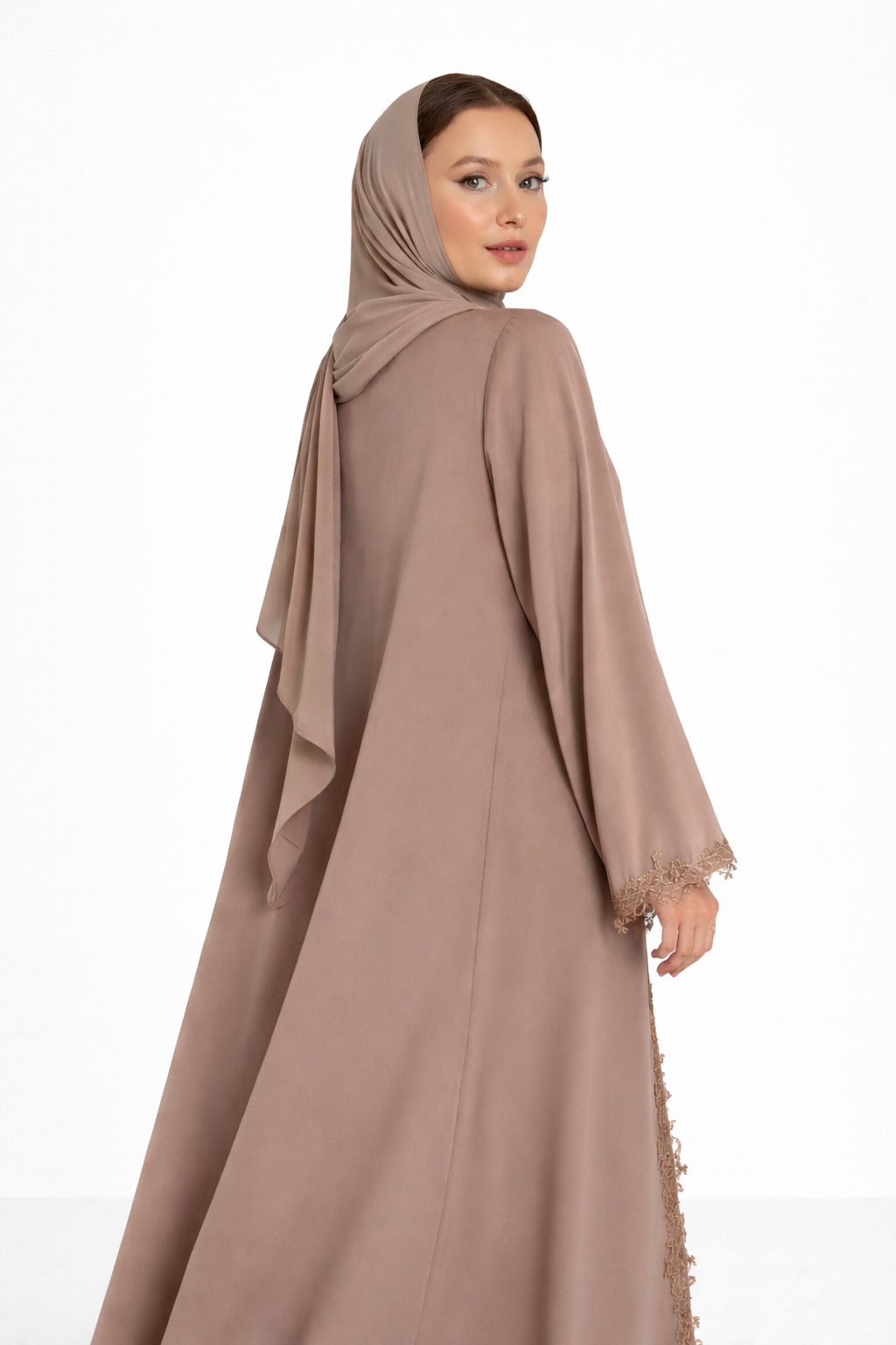 Lace Trim Open Abaya and Matching Shayla — Taupe