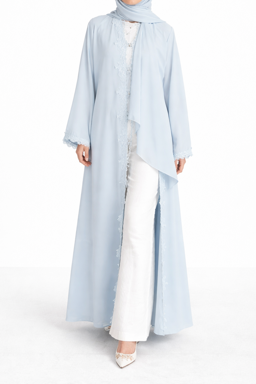 Lace Trim Open Abaya and Matching Shayla — Baby Blue