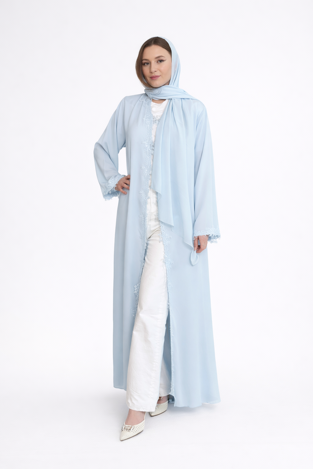 Lace Trim Open Abaya and Matching Shayla — Baby Blue