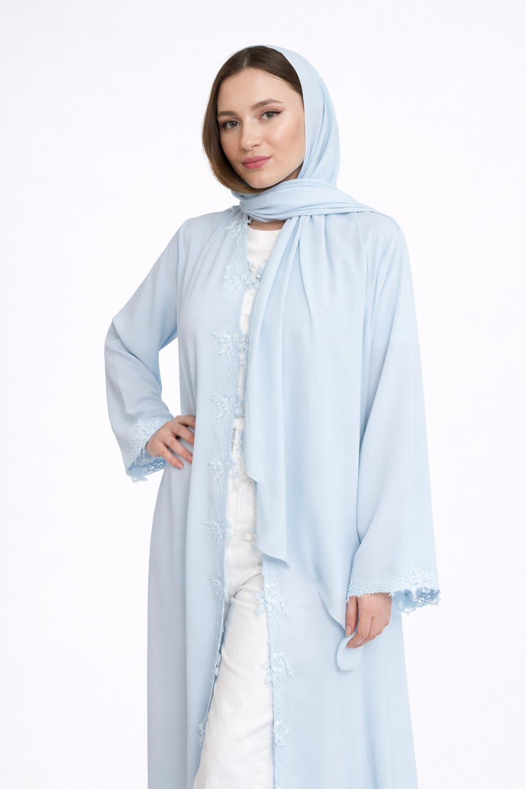 Lace Trim Open Abaya and Matching Shayla — Baby Blue